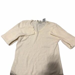 White Stag Cream Knit V-Neck Sweater with Shell Buttons